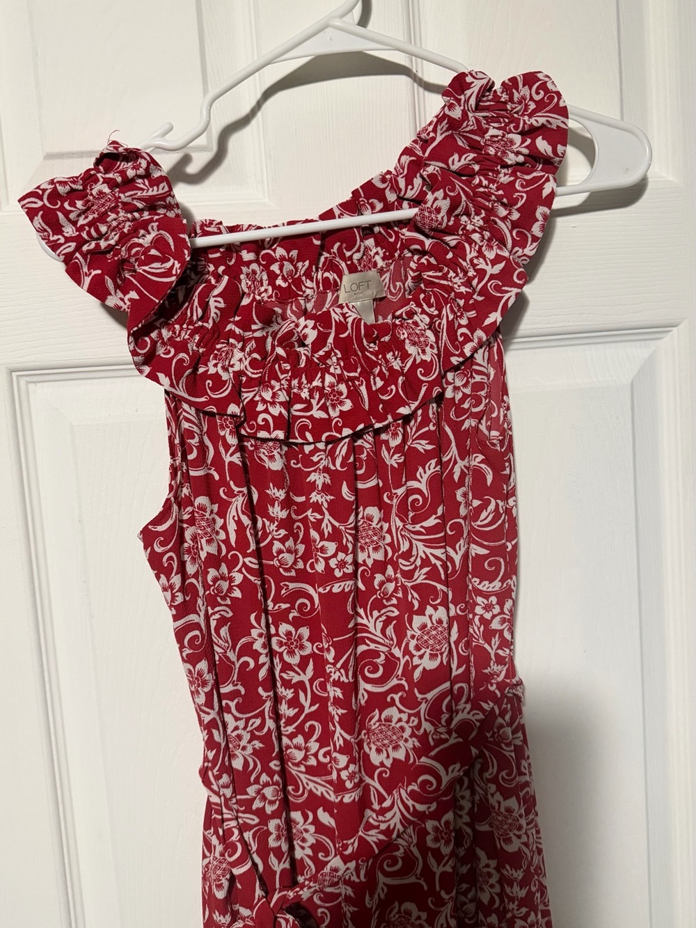LOFT Red Floral Ruffle Maxi Dress